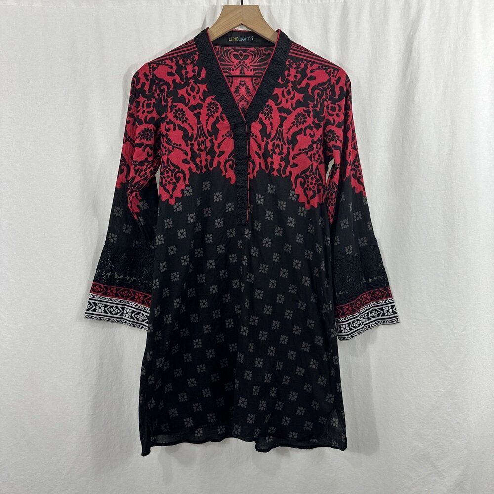 Limelight Black Red Indie Geo Print Asian Inspired Tunic Kurta Top Womens S
